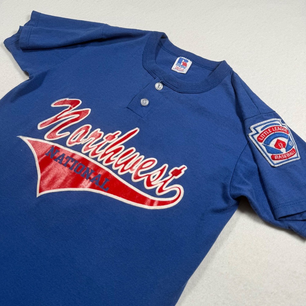 Vintage Russell Athletic Little League Baseball Jersey Youth Medium Blue Henley